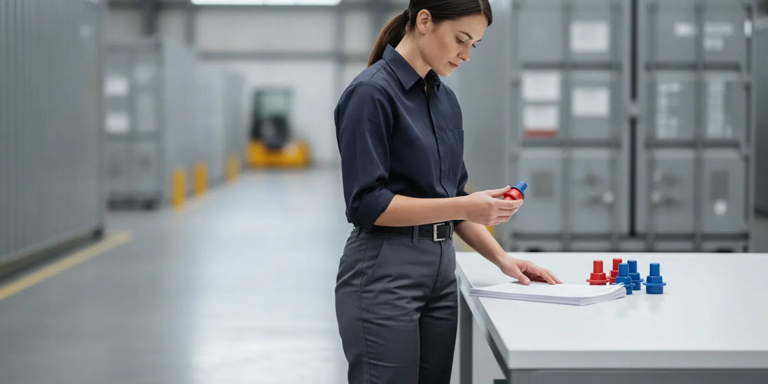 Procurement team reviewing serialized security seals and shipment documents at a warehouse desk