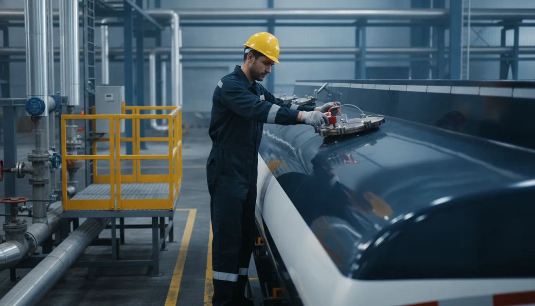 Worker applying a tamper-evident seal to a fuel tanker access hatch