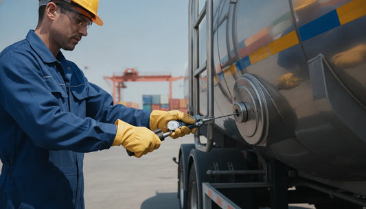 Worker securing a serialized cable seal on a tanker access point
