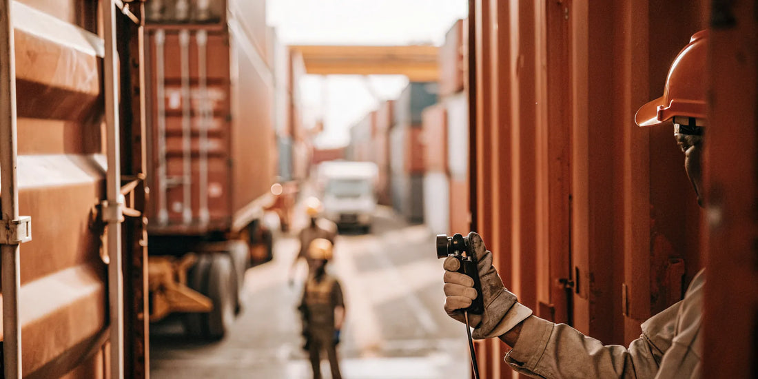 Cargo logistics professional inspecting a high-security bolt seal on a shipping container at a busy port