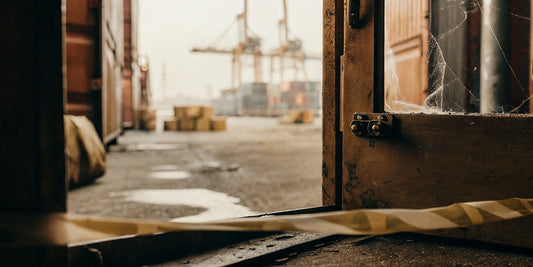 Customs inspector examining a damaged cargo security seal at a port inspection station with shipping containers in the background