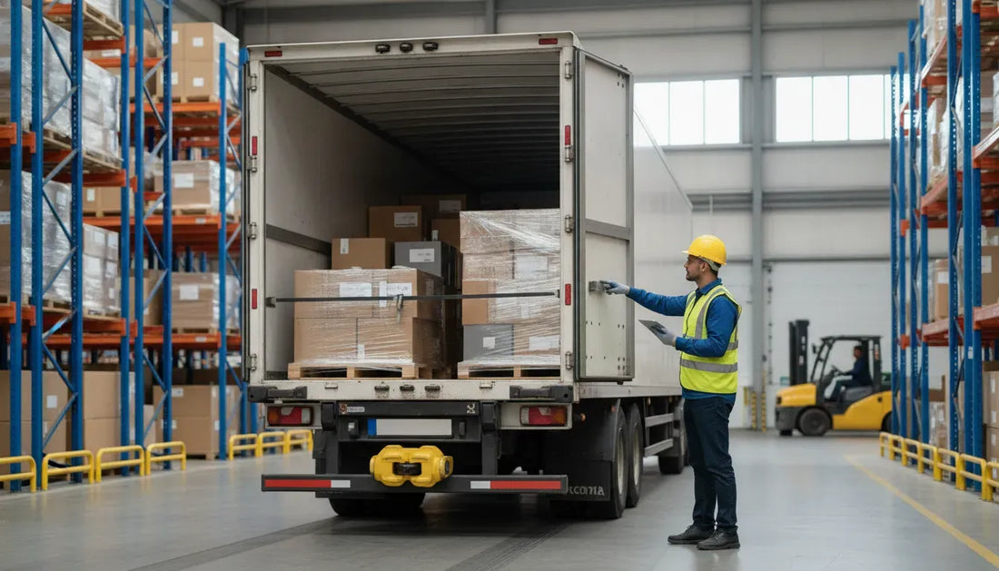 Cargo security for e-commerce fulfillment with a supervisor inspecting a trailer lock at a distribution center