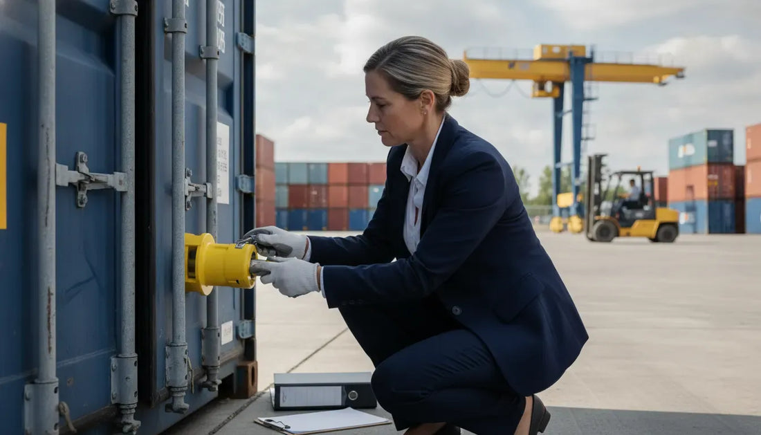Logistics compliance manager inspecting a high-security bolt seal on a shipping container