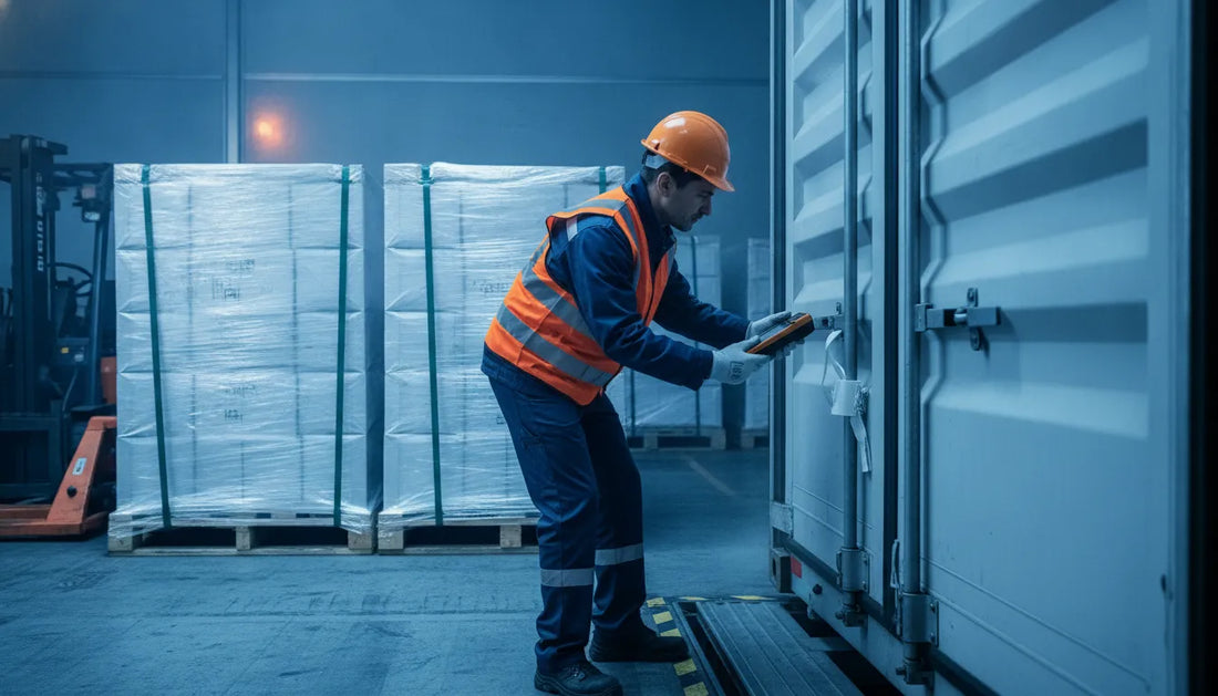 Logistics worker checking a seal and temperature monitor on refrigerated cargo