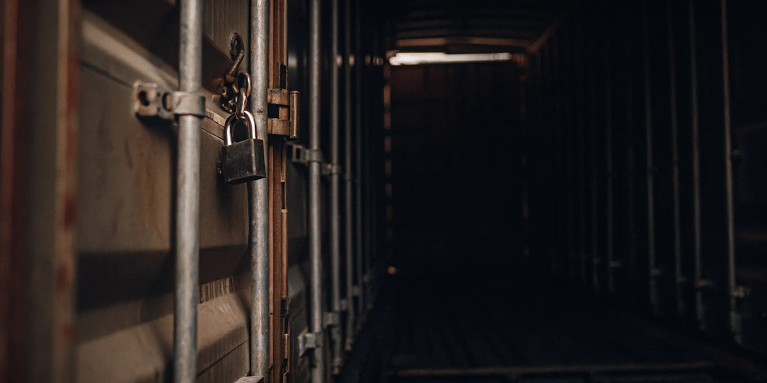 Shipping container door secured with a high-security bolt seal and a heavy-duty padlock