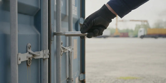 A logistics worker applying a numbered security seal to a shipping container door