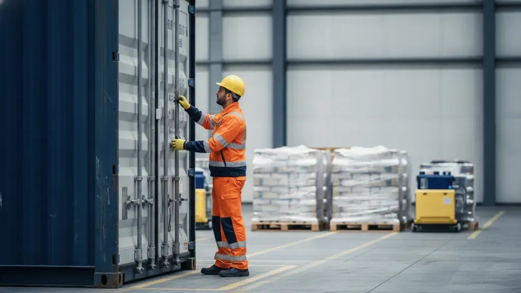 Worker securing a refrigerated food cargo container with a tamper-evident seal