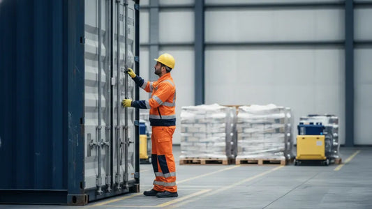 Worker securing a refrigerated food cargo container with a tamper-evident seal