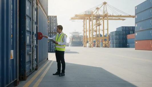 Logistics manager inspecting a high-security seal on a shipping container at a global cargo port