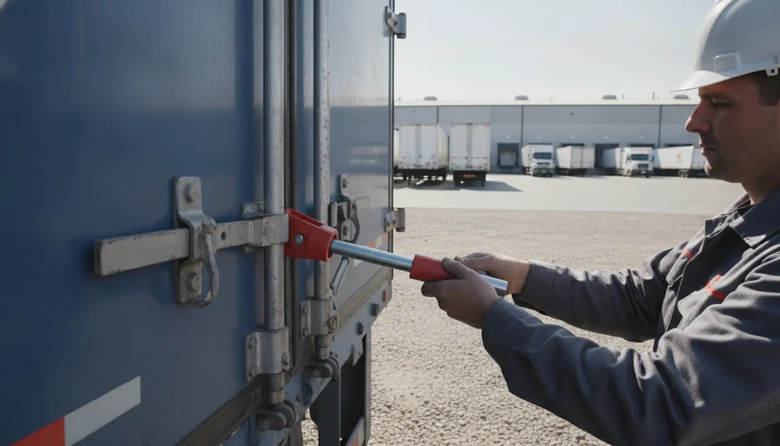 Worker securing a high-security bolt seal on a commercial semi-trailer