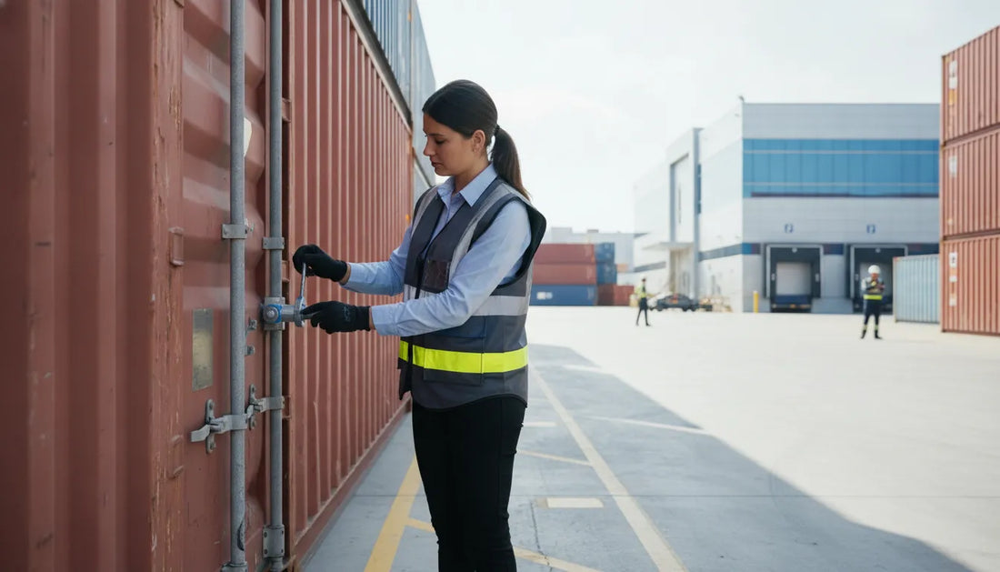Logistics manager inspecting a high-security seal on a shipping container
