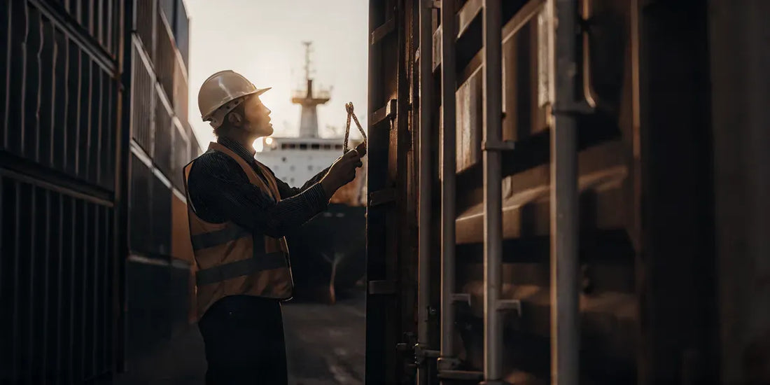 Logistics inspector examining a high-security bolt seal on a shipping container at a port terminal