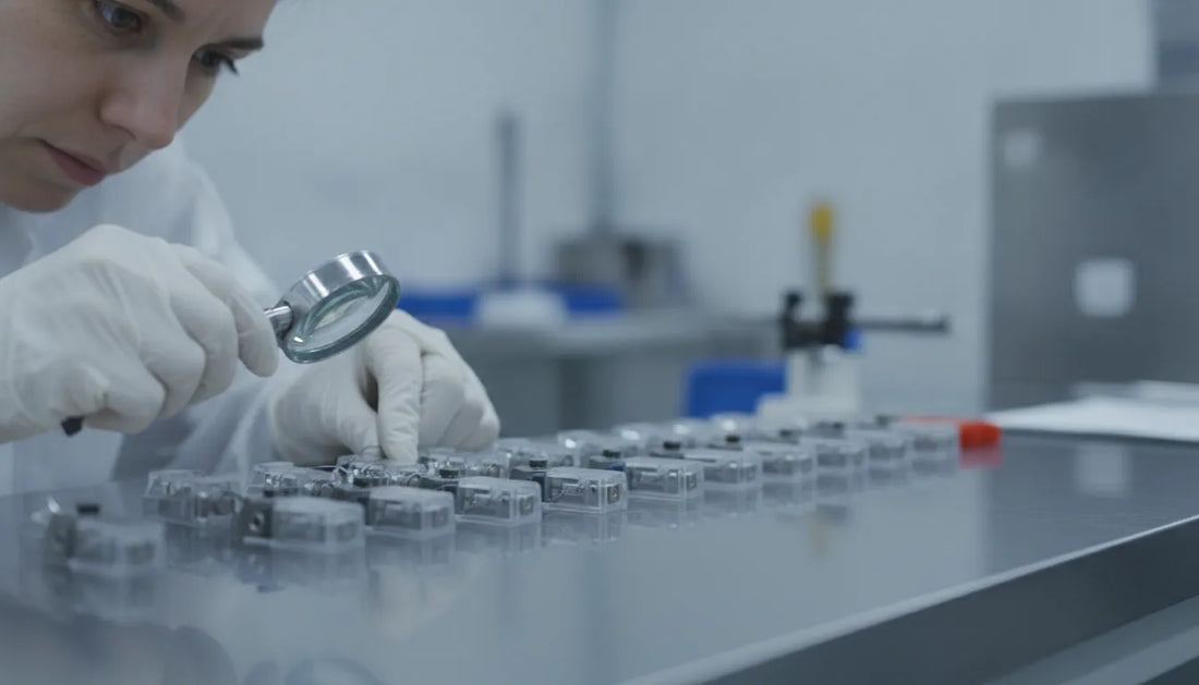 Quality control inspector examining high-security security seals at a manufacturing facility