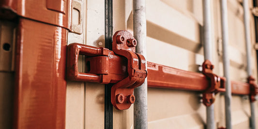 Red high-security bolt seal secured on a cargo shipping container door latch for CTPAT compliant cargo protection