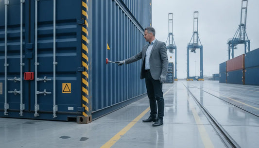 Cargo security manager reviewing a sealed intermodal container at a freight yard