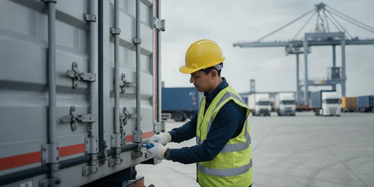 Logistics worker securing a cargo trailer latch with a cable seal before dispatch