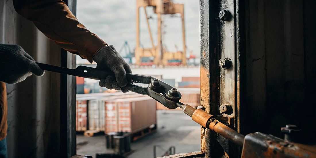 Heavy-duty hydraulic bolt seal cutter cutting through a steel bolt seal on a shipping container at a busy port terminal