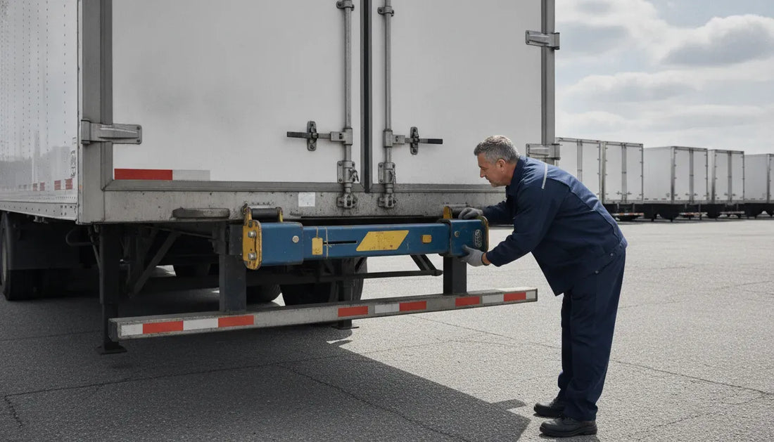 Fleet manager inspecting trailer door locks on a commercial dry van trailer