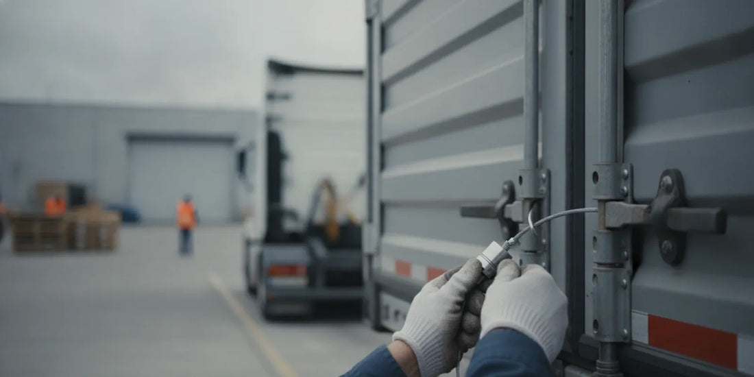 A logistics worker applying a serialized security seal to a closed cargo trailer door