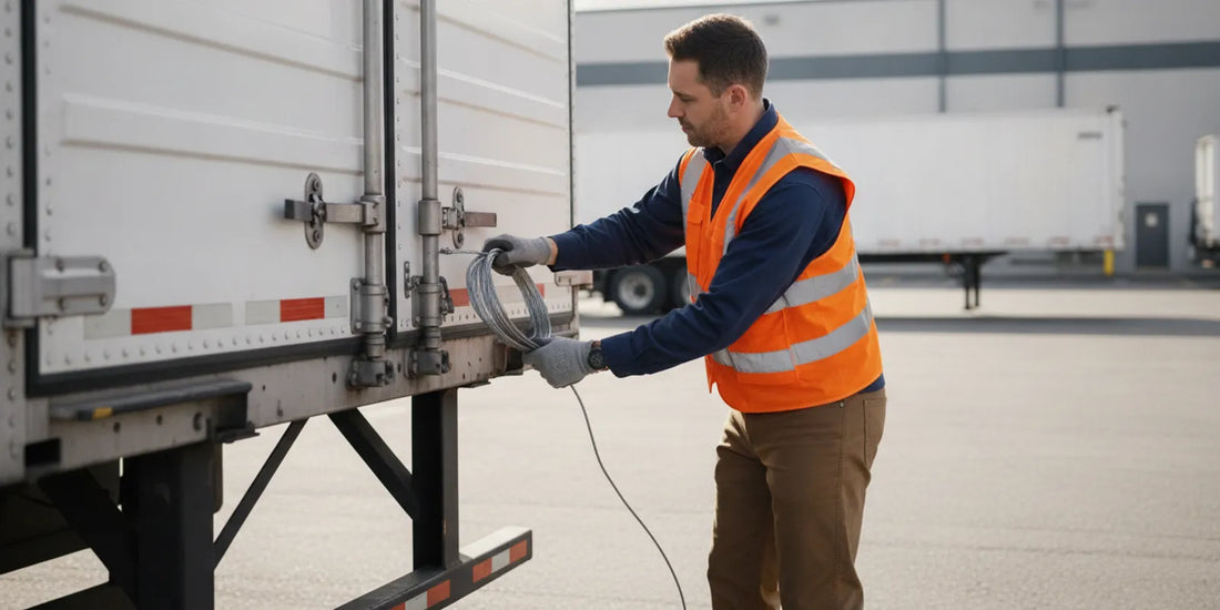 A logistics worker applying a serialized cable seal to a truck trailer door during a cargo inspection
