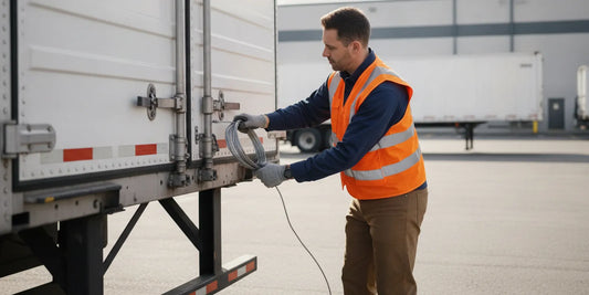 A logistics worker applying a serialized cable seal to a truck trailer door during a cargo inspection