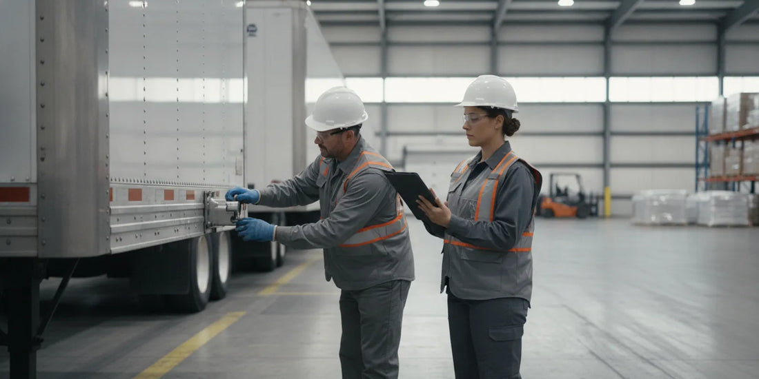 A warehouse team member records a serialized seal number before securing a cargo trailer
