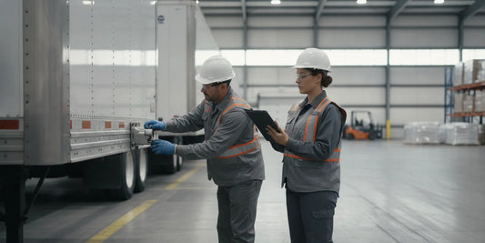 A warehouse team member records a serialized seal number before securing a cargo trailer