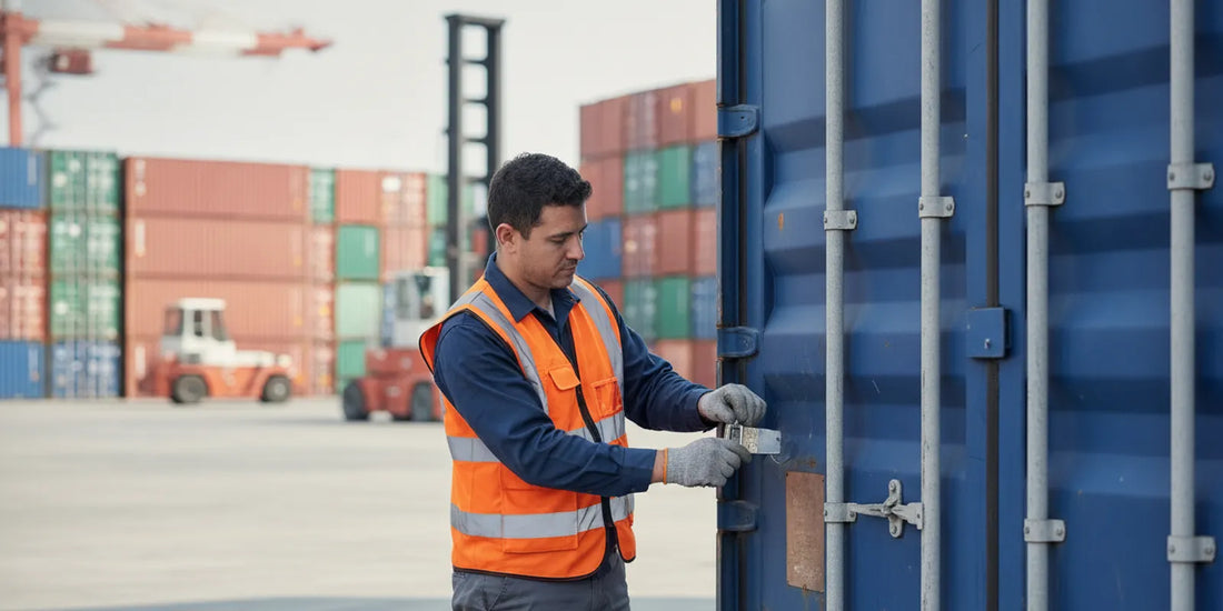 A logistics worker checking a tamper-evident seal on a cargo container door