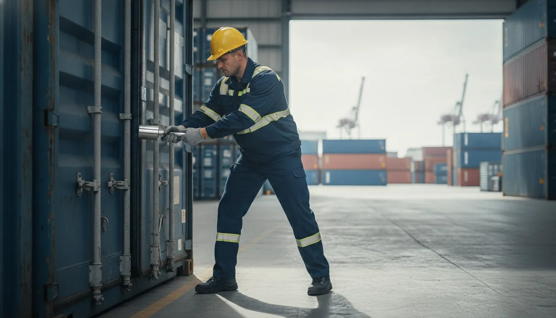 Worker securing a shipping container with a high-security bolt seal