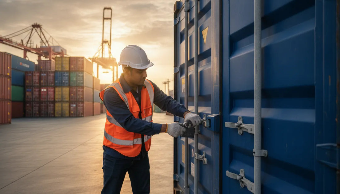 Logistics worker securing a steel shipping container with a heavy-duty container lock at a cargo yard