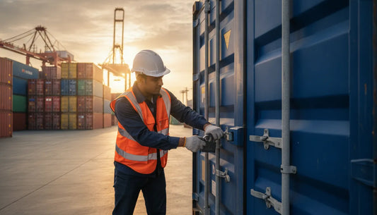 Logistics worker securing a steel shipping container with a heavy-duty container lock at a cargo yard