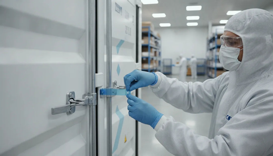 Logistics worker applying a tamper-evident seal to an insulated pharmaceutical shipment