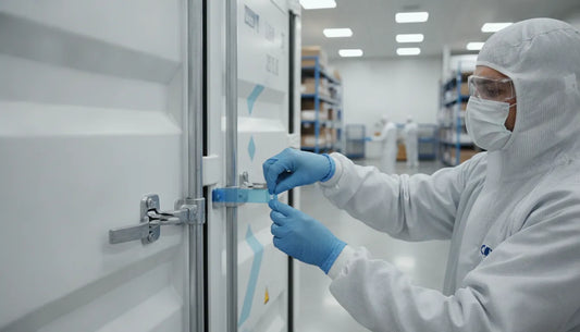 Logistics worker applying a tamper-evident seal to an insulated pharmaceutical shipment