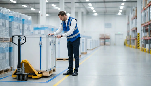 Pharmaceutical supply chain seals on a cargo container in a distribution warehouse