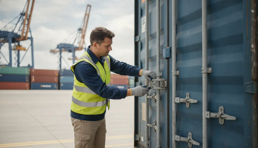 Logistics professional inspecting a sealed cargo container at a US port