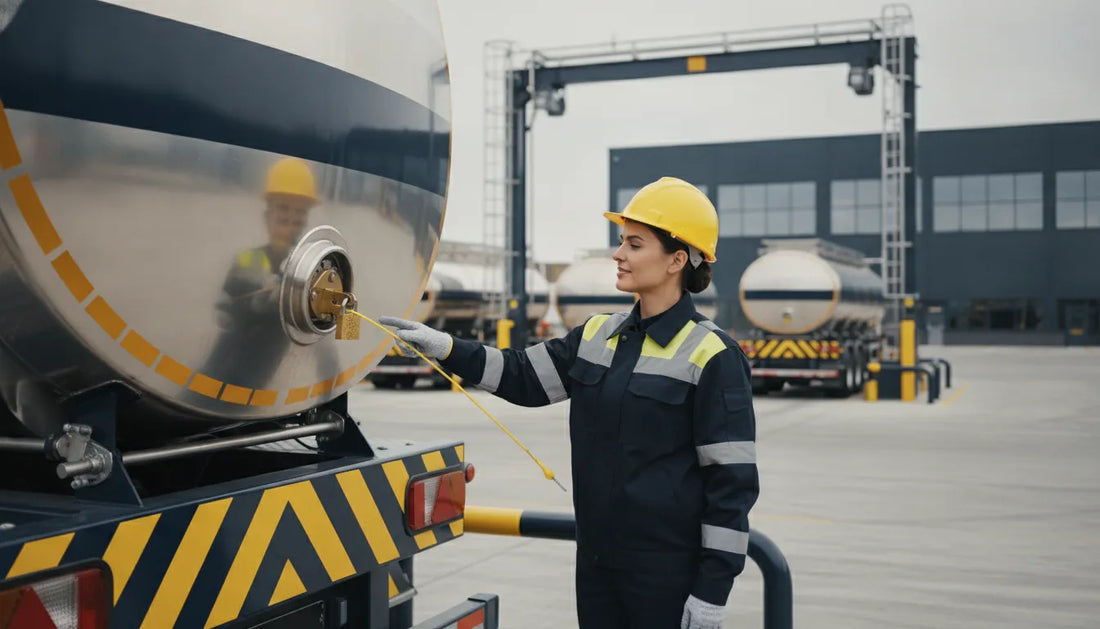 Procurement professional inspecting a tamper-evident seal on a tanker valve