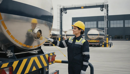 Procurement professional inspecting a tamper-evident seal on a tanker valve