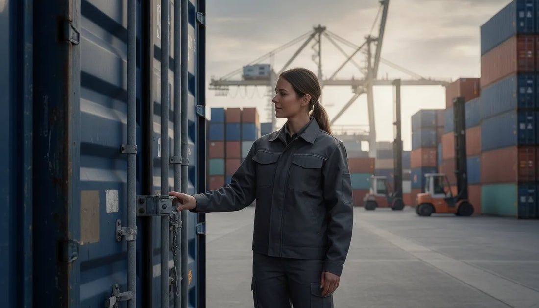 Logistics compliance officer inspecting a shipping container at a busy port