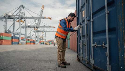 Port inspector examining the security seal on a cargo container door at a shipping terminal