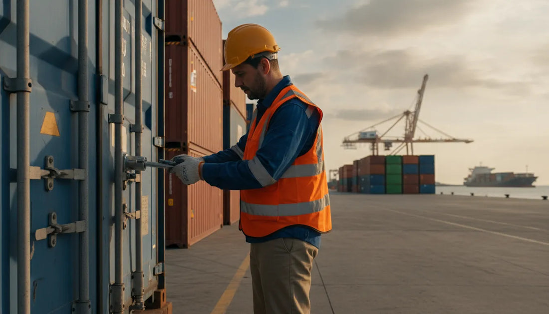 Warehouse supervisor inspecting a bolt security seal on a freight container door at a shipping port