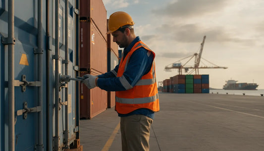 Warehouse supervisor inspecting a bolt security seal on a freight container door at a shipping port