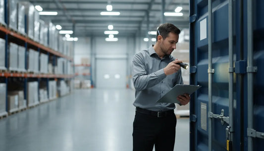 Compliance officer inspecting a high-security cargo seal on a locked warehouse container inside a bonded facility