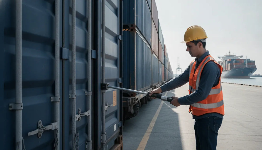 Security seals protecting an intermodal shipping container across rail, ship, and truck