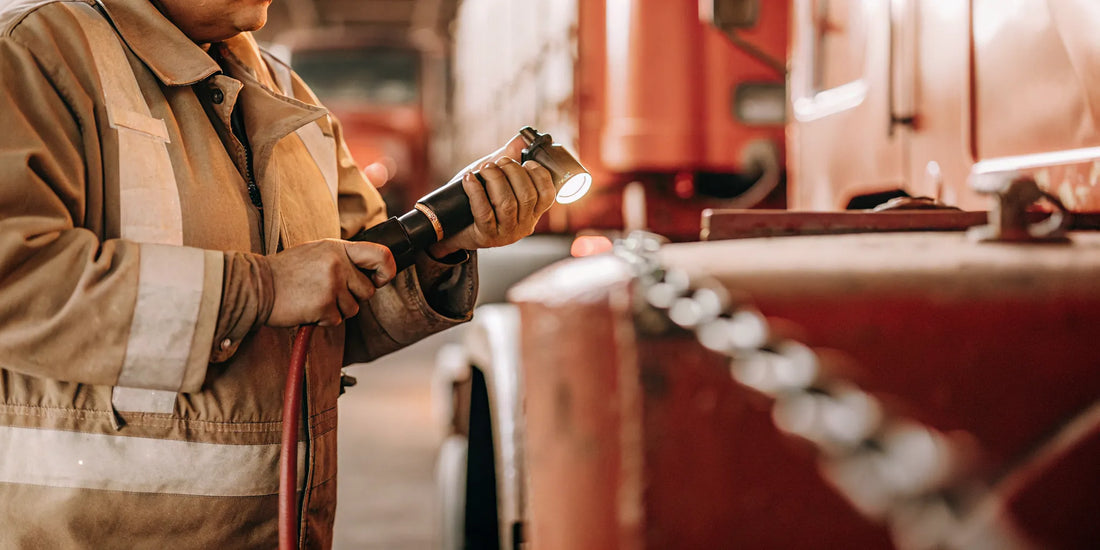 Safety inspector in a reflective vest examining a cable seal on a tanker truck valve at an industrial loading terminal