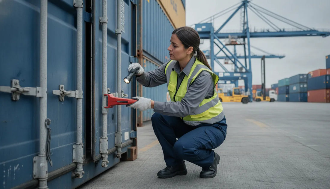 Logistics manager inspecting a high-security seal on a shipping container