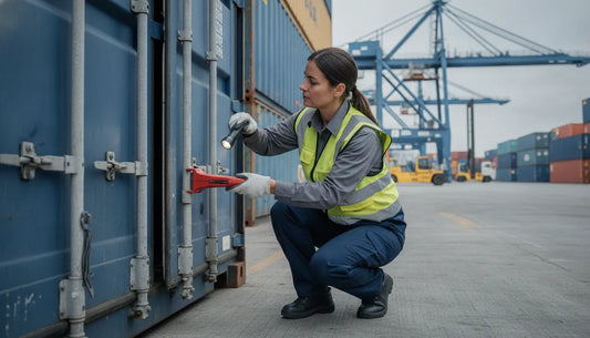 Logistics manager inspecting a high-security seal on a shipping container