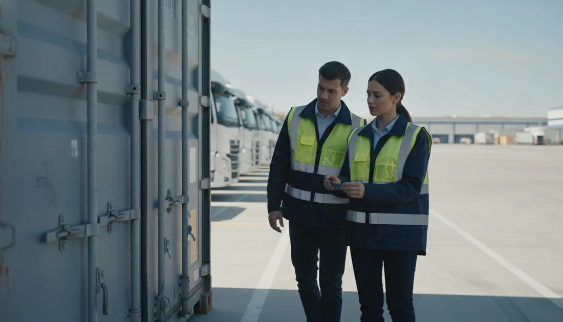 Logistics professionals inspecting physical cargo protection controls at a distribution yard