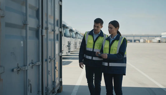 Logistics professionals inspecting physical cargo protection controls at a distribution yard