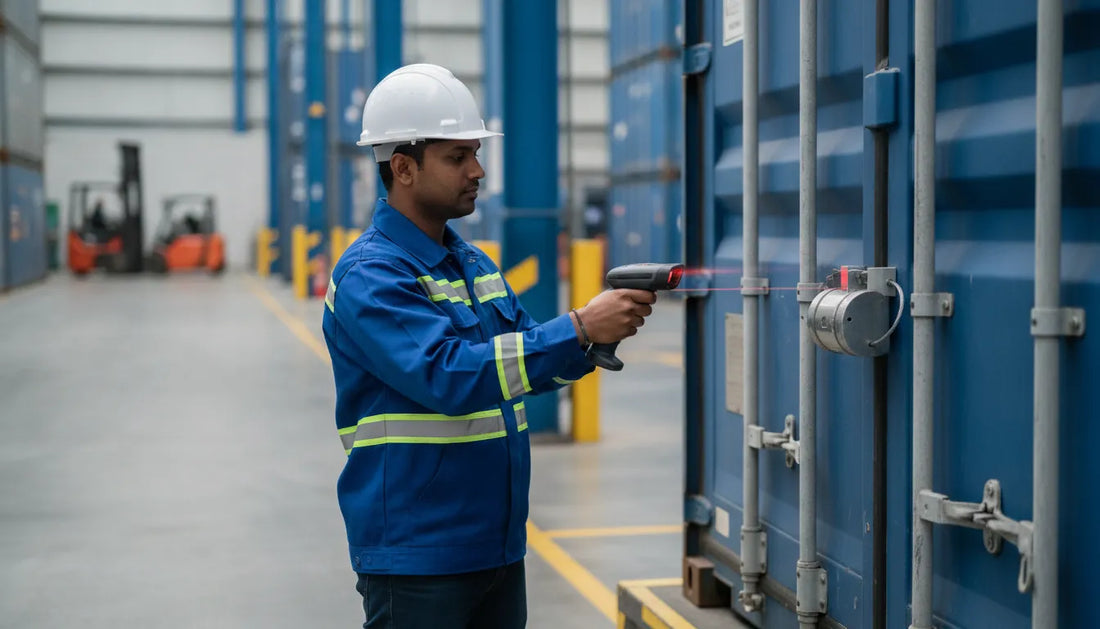 Worker scanning a serialized cargo seal at a warehouse dock