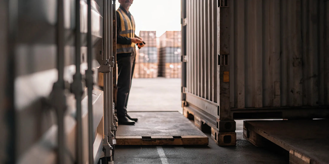 Supply chain manager inspecting a high-security bolt seal on a shipping container at a logistics warehouse